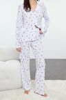 Tarz Rahat Uzun Kollu Boru Paça %100 Pamuklu Çiçekli Ajurlu Delikli Fitilli Örme Pijama Takımı