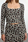 Tarz Kadın Modern Moda Normal Bel Boru Paça Kare Yaka Leopar Desenli Triko Alt-Üst Takım
