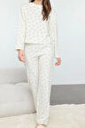 Tarz Rahat Uzun Kollu Geniş Paça %100 Pamuklu Ayıcık Desenli Örme Pijama Takımı