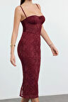 Moda Stil Fitted Kalp Yaka Midi Boy Bordo Örme Astarlı Dantel Elbise