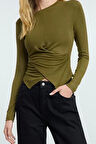 Stil Kadın Kruvaze Büzgü Drape Detaylı Vücuda Oturan Bluz Regular Örme Slim Kalıp Düşük Kol