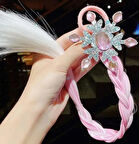 Simli Kar Tanesi Üzeri Büyük Oval Kristal Taş Süslemeli Pembe ve Beyaz Çocuk Lastik Protez Saç