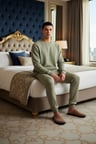 Erkek Waffle Dokuma Sweatshirt ve Pantolon Takımı Haki Fonksiyonel Dayanıklı Kaliteli Spor
