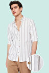 Erkek Uzun Kollu Çizgili Gömlek Yaka Düğmeli Pamuklu Rahat Günlük Yaz Aylarının Vazgeçilmezi