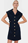 Dokuma Gabardin Mini Elbise Kisa Kol Düğmeli %Pamuk Yazlık Dayanıklı Malzeme
