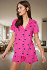 Kısa Kollu Pamuklu Pijama Takımı Kalpli Desenli Regular Kalıp Yazlık Ev Giyim Özenle Seçilmiş