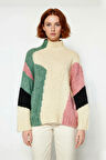 Kadın Şık Dik Yaka Oversize Renk Bloklu Düşük Kol Uzun Triko Kazak Kış Modasına Yeni Bir Soluk