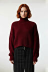 Şık Kadın Oversize Düz Bordo Balıkçı Yaka Crop Kesim 100% Akrilik Kışlık Triko Kazak Kaliteli