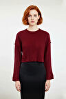 Kadın Bordo Oversize Kesim Fitilli Triko Crop Kazak Uzun Kollu Bisiklet Yaka Günlük Şıklık