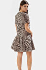 Yazlık Kısa Kollu Çok Leopar Desenli Denim Mini Elbise Fırfırlı Premium Kalite