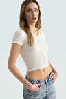 Viskoz Ribana Örme Bluz Crop Polo Yaka Fitted Rahat Kullanım Premium Kalite Modern Stil