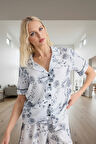 Rahat Viskoz Pijama Takımı Çiçekli Desen Şortlu Dokuma Kumaş Konforlu Kesim Modern Stil