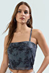 Astarlı Tül Örme Kolsuz Crop Bluz Çiçek Desenli Fitted Rahat Kullanım