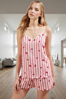Rahat Viskoz Pijama Takımı Çilek Desenli Şortlu Atlet Takım Kullanım Modern Stil