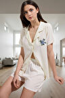 Rahat Kesim Viskoz Pijama Takımı Nakış Detaylı Şortlu Yazlık Konforlu Özel Tasarım