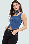 Denim Crop Bluz Fitted Kalıp Kare Yaka Yazlık Özel Tasarım Modern Stil Şık Görünüm