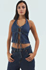 Denim Crop Bluz Halter Yaka Fitted 100 Pamuk Yazlık Dayanıklı Malzeme Yüksek Kalite