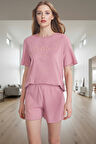 Rahat Kesim Pijama Takımı Yumuşak Örme Kumaş Yazlık Şort ve Tişört Uzun Ömürlü