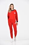 Kayık Deri Yakalı Baskılı Kırmızı Kadın Eşofman Takım