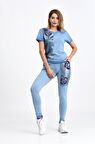 Bisiklet Yaka Kısa Kollu Pullu ve Nakışlı Mavi Kadın Eşofman Takım