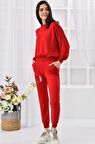 Kapüşonlu Nakış Detaylı Uzun Kollu Kırmızı Kadın Eşofman Takım
