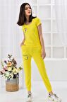 Yuvarlak Yaka Nakış Detaylı Kısa Kollu Sarı Kadın Eşofman Takım