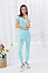 Yuvarlak Yaka Nakış Detaylı Kısa Kollu Turkuaz Kadın Eşofman Takım
