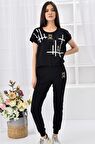 Yuvarlak Yaka Çizgili Ayıcık Desenli ve Taş Dizinli Kısa Kollu Siyah Kadın Eşofman Takım