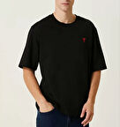 Unisex Bisiklet Yaka Baskılı Oversize T-Shirt - Siyah