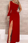 Tek Omuz Açık Derin Yırtmaçlı Krep Tam Boy Elbise