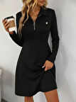 Kadın Uzun Kollu Yakalı Fermuarlı Ve Cepli Kısa Ithal Krep Kısa Elbise