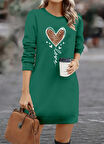 Kadın Uzun Kollu Bisiklet Yaka Kalp Desenli Kısa Viskon Elbise