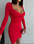 Kadın Uzun Kollu Göğüs Ve Sırt Dekolteli Kruvaze Etek Detay Fırsat ürün Mini Elbise