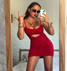 Kadın Omuz Askılı Göbek Ve Sırt Dekolteli Gipe Ve Büzgü Detay Fırsat ürün Mini Elbise