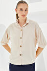 Krem Kısa Kol Oversize Keten Gömlek 20240