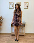 Kadın Yarı Balıkçı Yaka Arkadan çapraz Detaylı Bağlamalı Leopar Kısa Dalgıç Elbise