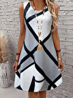 Kadın Askılı Yuvarlak Yaka Geometrik Desenli Kısa Süprem Elbise