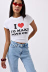Nakış Detay Baskılı Crop T-Shirt