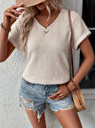 Kadın Kısa Kollu V Yaka Sırt Düğme Detay Triko Bluz