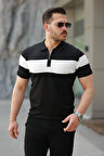 Erkek Fermuar Yakalı şerit Renk Desenli Kısa Kollu Tişört