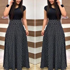 Kadın Kısa Kollu Puan Desen Tam Boy Krep Elbise