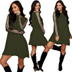 Kadın Uzun Kollu Bisiklet Yaka Kollar Leopar Detay Iki Iplik Mini Boy Elbise