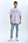 Unisex Oversize Taşlı Bisiklet Yaka T-Shirt - Beyaz