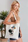 Astronot Model Baskılı Günlük Kullanım Özel Baskı Bez Omuz Çantası Hediyelik Tote Bag