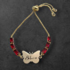 Özel Kelebek Figürlü 14 Ayar Altın Plakalı Kırmızı Taşlı Ebru Bilekliği