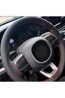 Fiat Egea Uyumlu Dikmeli Direksiyon Kılıfı Siyah Deri-kırmızı Ipli Kokusuz ( 38cm×11cm )