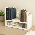 2 Katlı Masaüstü Kitaplık | Modern Dekoratif Raf Ünitesi | Masaüstü Düzenleyici | Beyaz