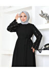 Siyah Kemerli Taş Işlemeli Fermuarlı Zarif Tasarım Kadın Ferace Mf-3090