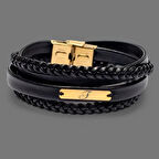 Asil Dikdörtgen Motifli, Siyah Deri Örgü Detaylı ve 14 Ayar Altın Plakalı F Harfli Bileklik