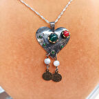 Kalp Figürlü Doğal Taşlı Gümüş Kadın Kolye